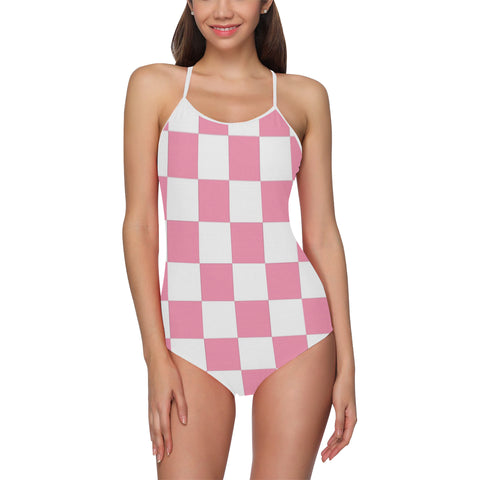 Pink and White checkered One Piece Swimsuit ( Model S05) - kdb solution