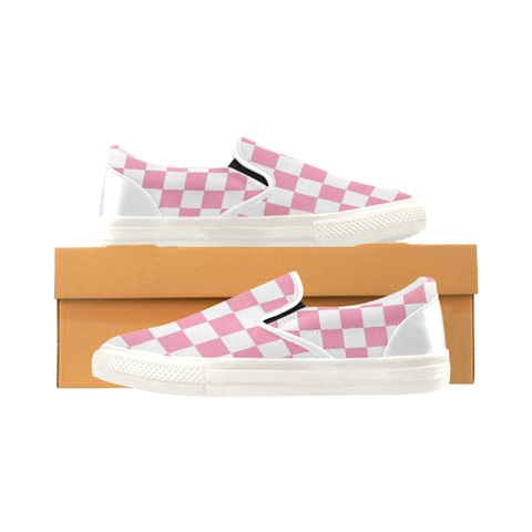 Pink and White Checkered Women's Slip-on Canvas Shoes (Model 019) - kdb solution