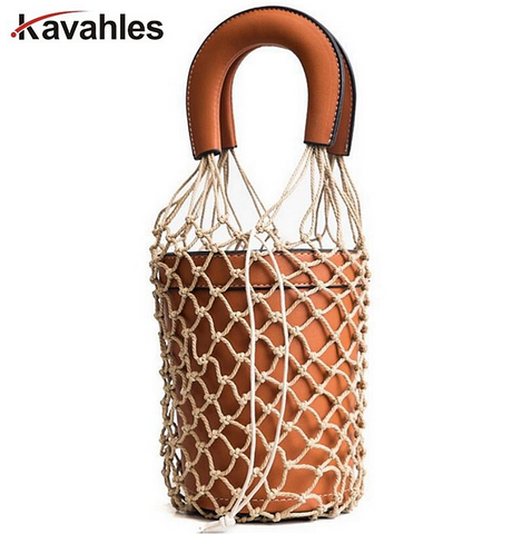 Women Net Luxury Designer Bucket Handbag Hollow Out Leather Tote High Quality Bag - kdb solution