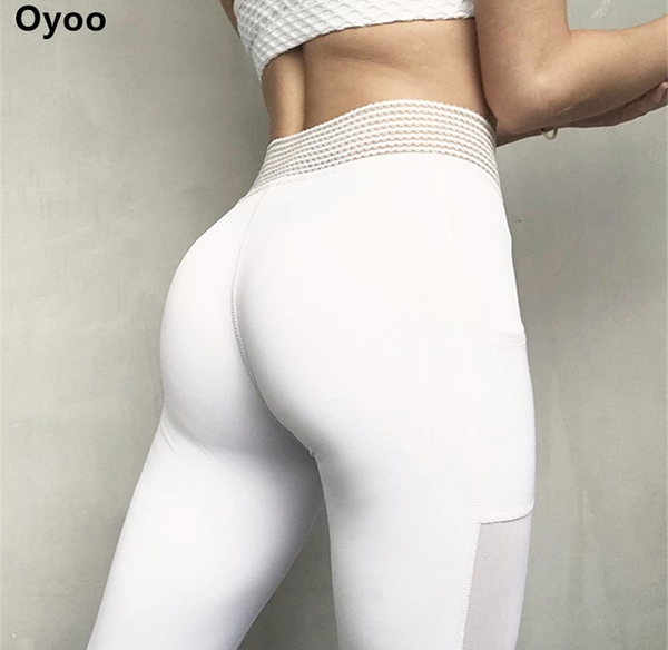 Oyoo unique high waist sport leggings with side pocket white mesh yoga pants solid training pants - kdb solution
