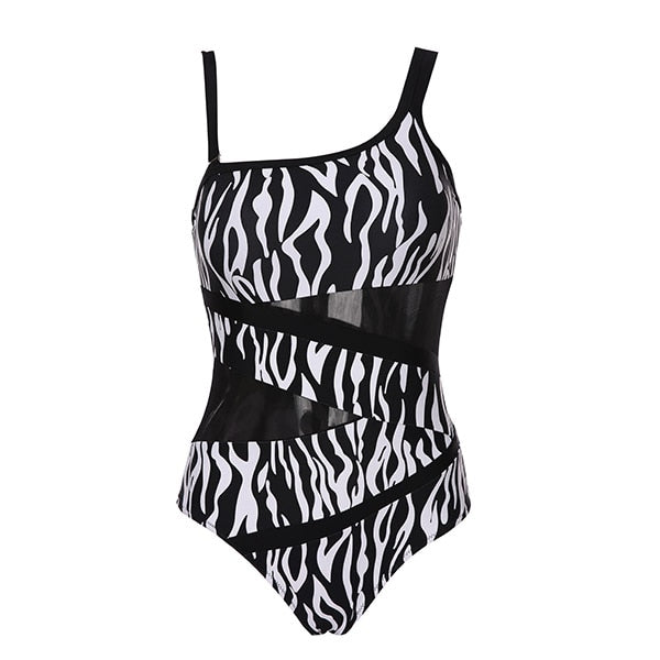 Black White Leopard Print Swimwear One Piece Swimsuit  Push Up Padded Mesh High Waisted - kdb solution