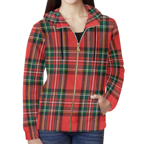 KDB Red Plaid All Over Print Full Zip Hoodie for Women (Model H14) - kdb solution