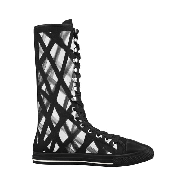 Black Lines Canvas Long Boots For Women Model 7013H - kdb solution