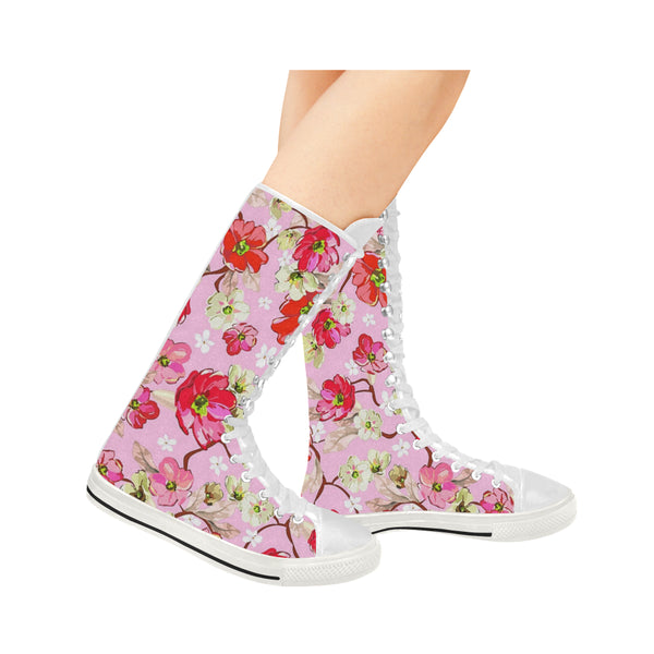 Pink and White Flowers Canvas Long Boots For Women Model 7013H - kdb solution