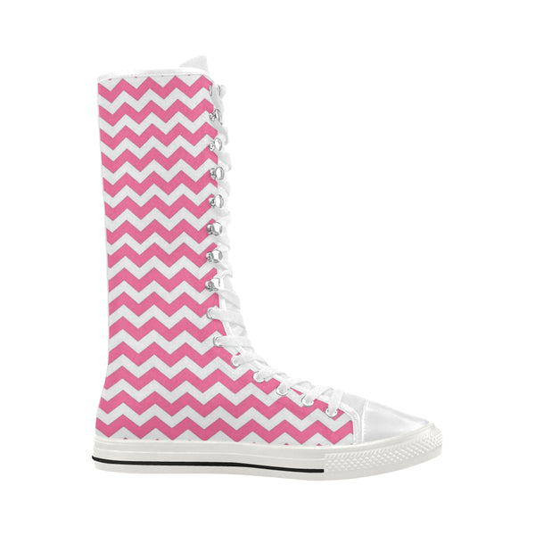 Pink and White Zig Zags Canvas Long Boots For Women Model 7013H - kdb solution