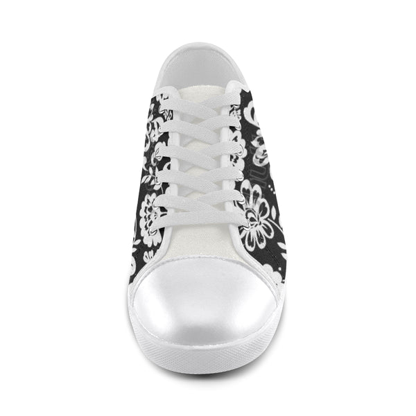 Black and White Flowers Women's Canvas Shoes (Model 016) - kdb solution