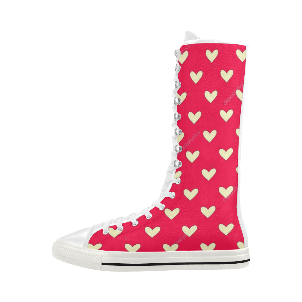 White Hearts Canvas Long Boots For Women Model 7013H - kdb solution