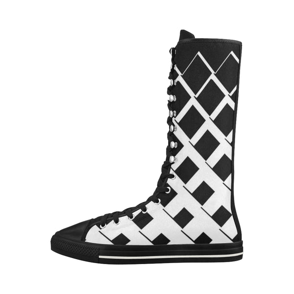 Black and White  Box Canvas Long Boots For Women Model 7013H - kdb solution