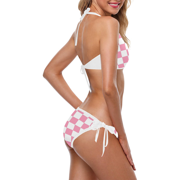 Pink and White Checkered Custom Halter & Side Tie Bikini Swimsuit (Model S06) - kdb solution