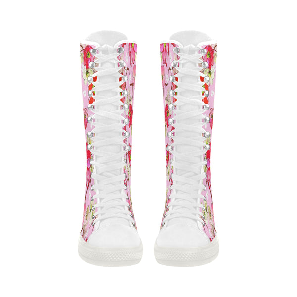 Pink and White Flowers Canvas Long Boots For Women Model 7013H - kdb solution