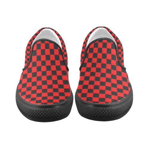 Red and Black Checkered Women's Slip-on Canvas Shoes (Model 019) - kdb solution