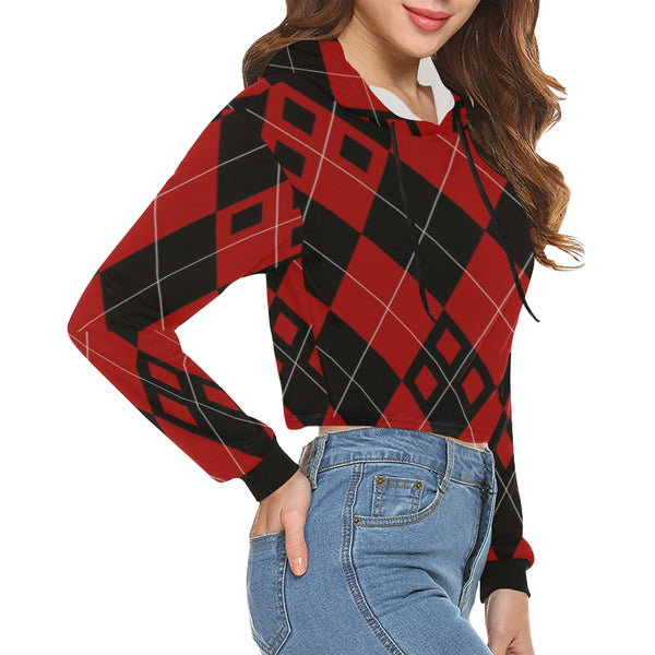 Red and Black Diamonds All Over Print Crop Hoodie for Women (Model H22) - kdb solution