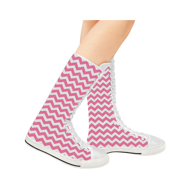 Pink and White Zig Zags Canvas Long Boots For Women Model 7013H - kdb solution