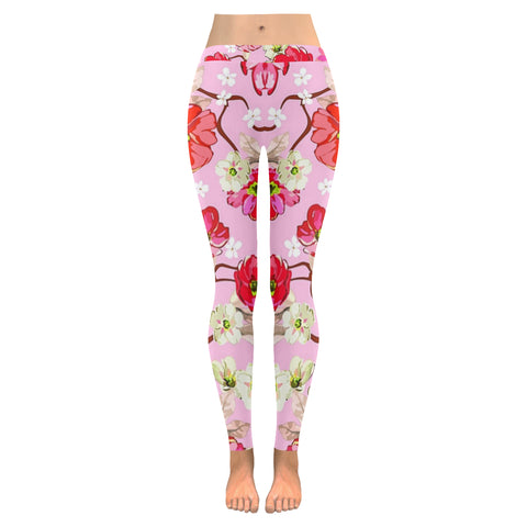Pink and White Flowers Low Rise Leggings (Invisible Stitch) (Model L05) - kdb solution