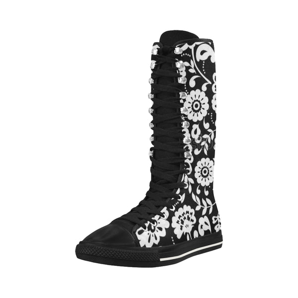 Black and White Flowers Canvas Long Boots For Women Model 7013H - kdb solution