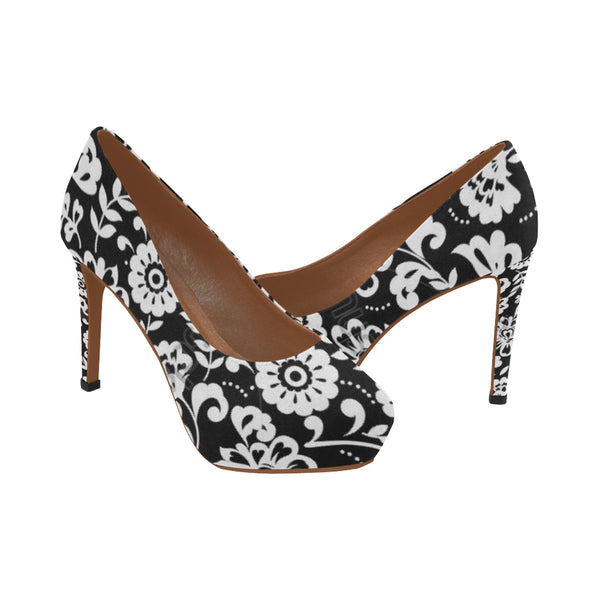 Dominique Black and White Flowers Women's High Heels (Model 044) - kdb solution