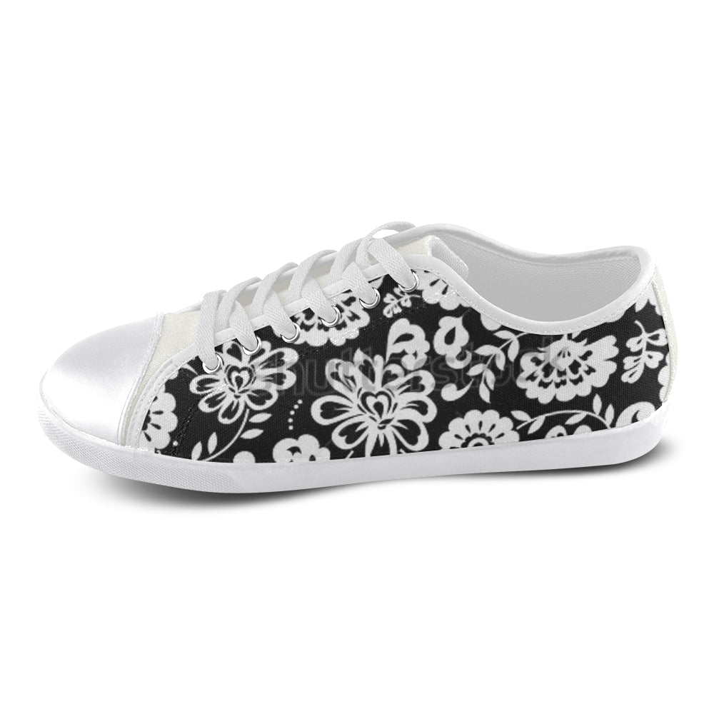 Black and White Flowers Women's Canvas Shoes (Model 016) - kdb solution
