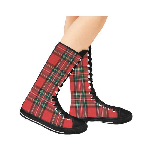 Red Plaid Canvas Long Boots For Women Model 7013H - kdb solution