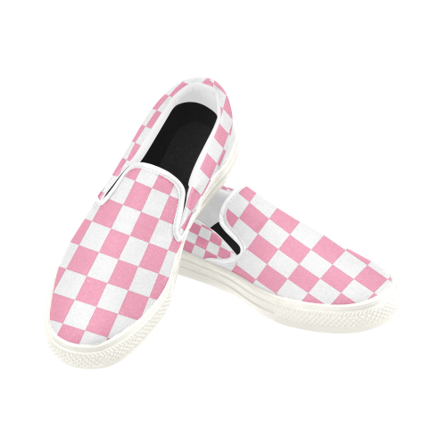 Pink and White Checkered Women's Slip-on Canvas Shoes (Model 019) - kdb solution