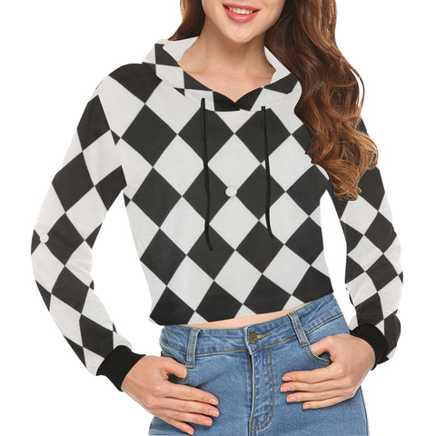 White and Black Diamonds All Over Print Crop Hoodie for Women (Model H22) - kdb solution