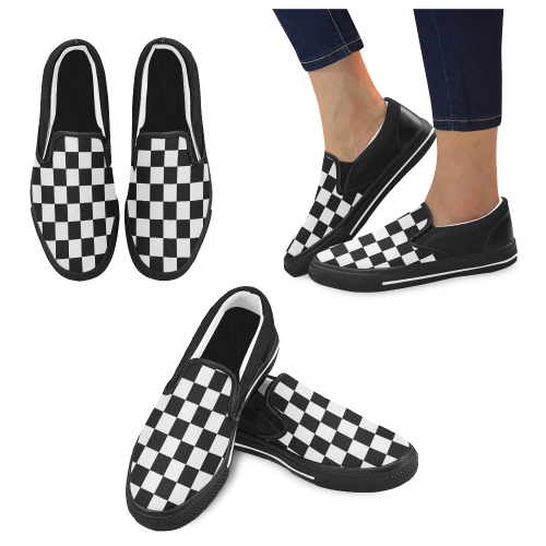Black and White Checkered Pattern Women's Slip-on Canvas Shoes (Model 019) - kdb solution