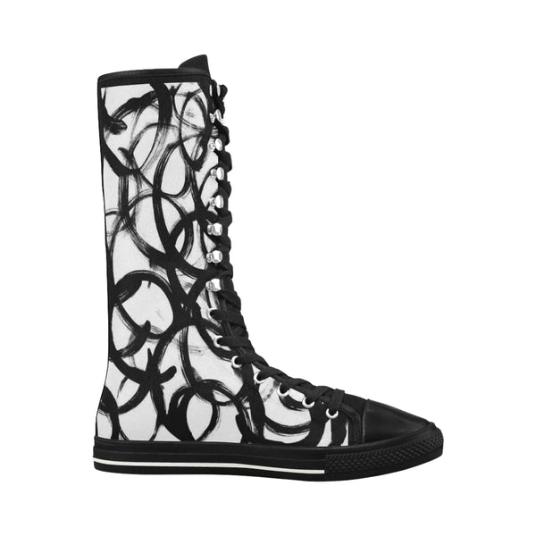 Black Swirl Canvas Long Boots For Women Model 7013H - kdb solution