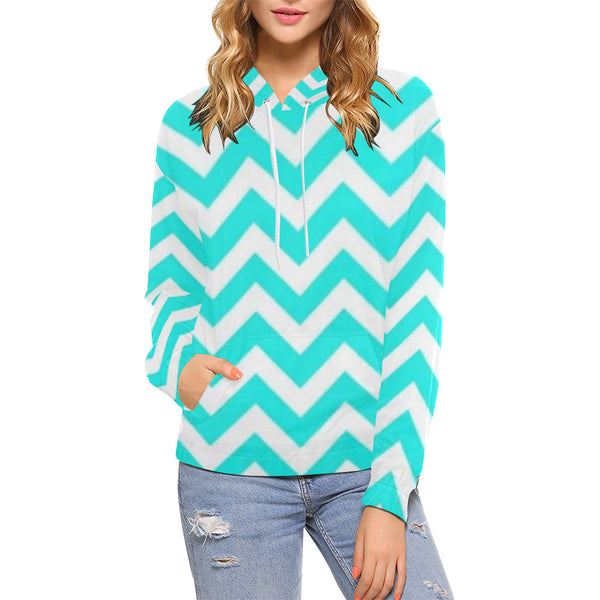 Blue and White All Over Print Hoodie for Women (USA Size) (Model H13) - kdb solution
