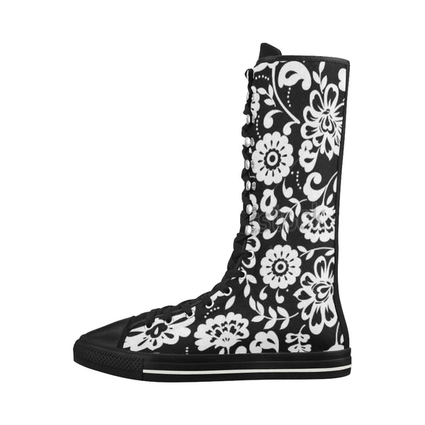 Black and White Flowers Canvas Long Boots For Women Model 7013H - kdb solution