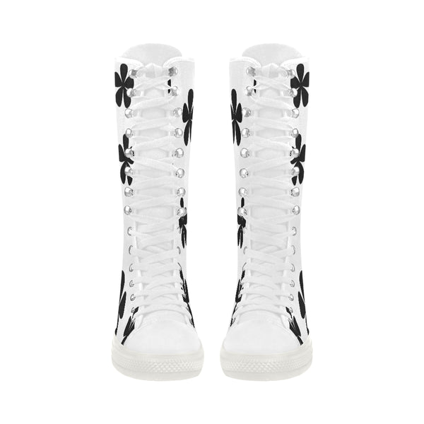 Black and White Pattern Canvas Long Boots For Women Model 7013H - kdb solution