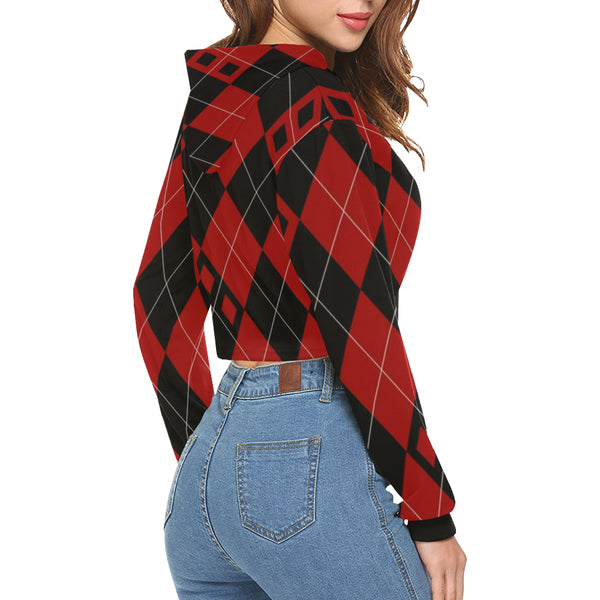Red and Black Diamonds All Over Print Crop Hoodie for Women (Model H22) - kdb solution