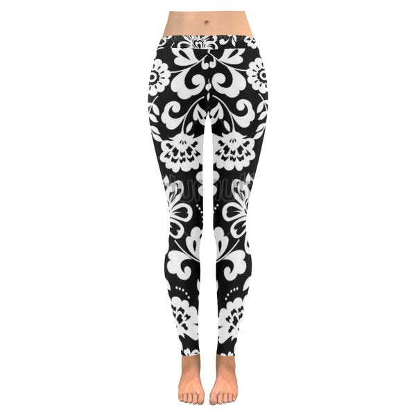 Black and White Flowers Low Rise Leggings (Invisible Stitch) (Model L05) - kdb solution