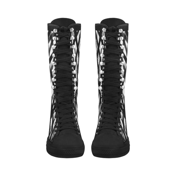 Black Lines Canvas Long Boots For Women Model 7013H - kdb solution