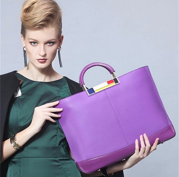 Large Genuine Leather  European Style Purple Tote Bag - kdb solution