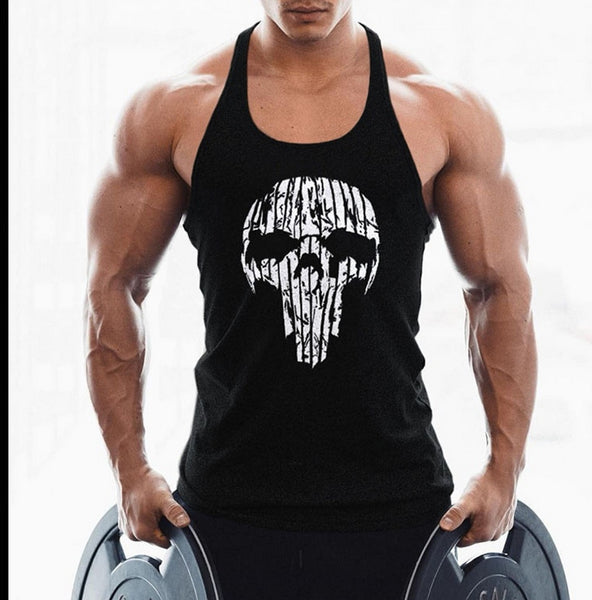 OA Men Skull Printing Muscle Fit Gyms Workout Tank Tops Bodybuilding Y Back Sport Sleeveless Vest Stringer Singlets Shirt - kdb solution