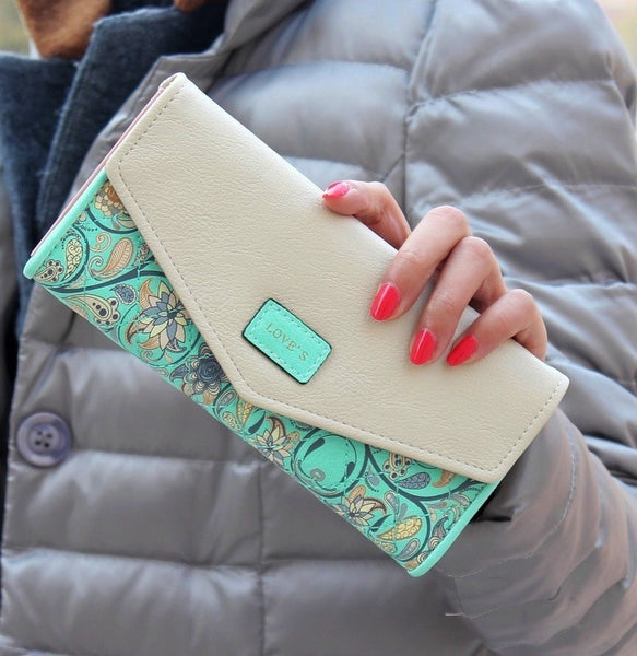 New Fashion Envelope Women Wallet Hit Color 3Fold Flowers Printing 5Colors PU Leather Wallet - kdb solution