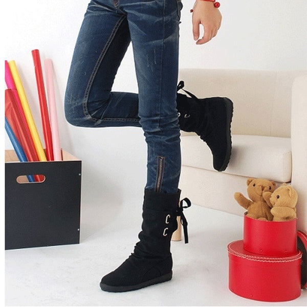 Tangnest Mid-Calf Women Fashion Platform Boots Slip On Lace-up Solid Flat Heels - kdb solution