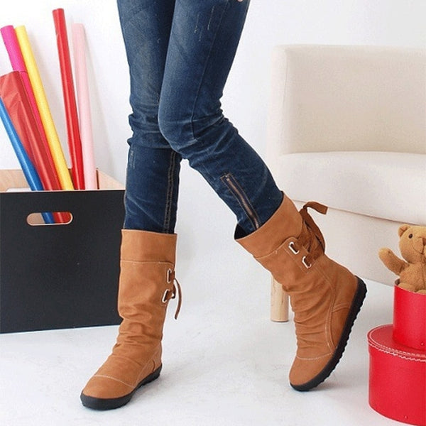 Tangnest Mid-Calf Women Fashion Platform Boots Slip On Lace-up Solid Flat Heels - kdb solution