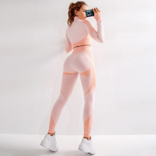 2 Pcs/Set Women Yoga Set Sports Suit Gym Workout Clothes Zipper Full Long Sleeve Fitness Crop Top High Waist Seamless Leggings - kdb solution