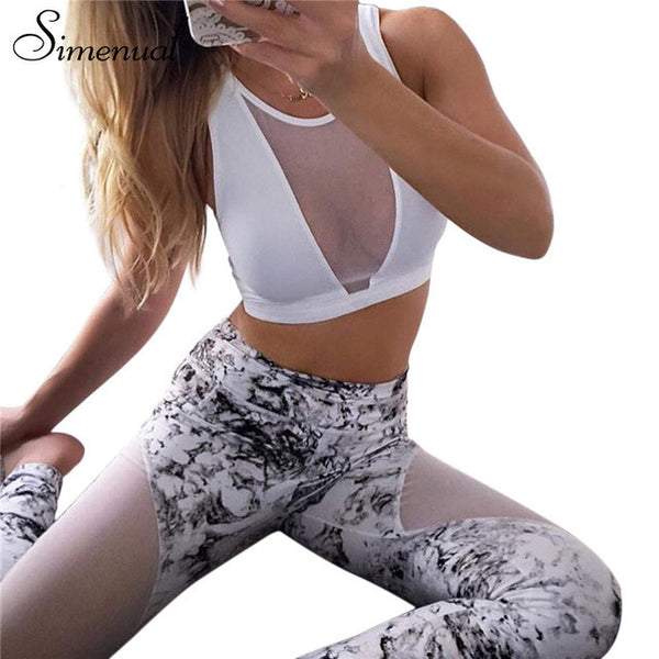 Simenual Fitness women tracksuits print mesh splice slim leggings bras 2 pcs sportsuits ladies sets - kdb solution
