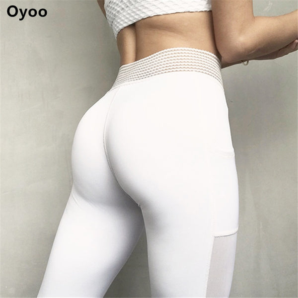 Oyoo unique high waist sport leggings with side pocket white mesh yoga pants solid training pants - kdb solution