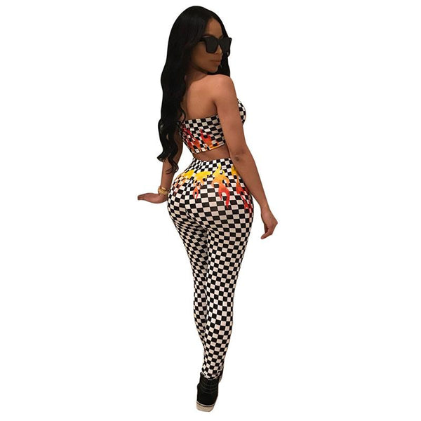 Black White Plaid Fire Print Two Piece Set Strapless Crop Top And Pants Yoga - kdb solution