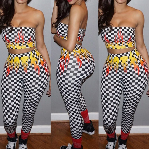 Black White Plaid Fire Print Two Piece Set Strapless Crop Top And Pants Yoga - kdb solution