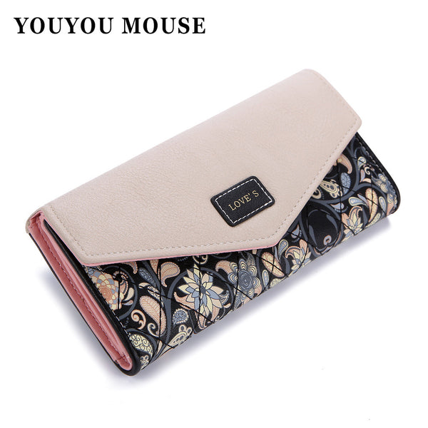 New Fashion Envelope Women Wallet Hit Color 3Fold Flowers Printing 5Colors PU Leather Wallet - kdb solution