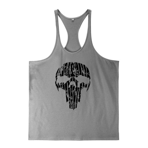 OA Men Skull Printing Muscle Fit Gyms Workout Tank Tops Bodybuilding Y Back Sport Sleeveless Vest Stringer Singlets Shirt - kdb solution
