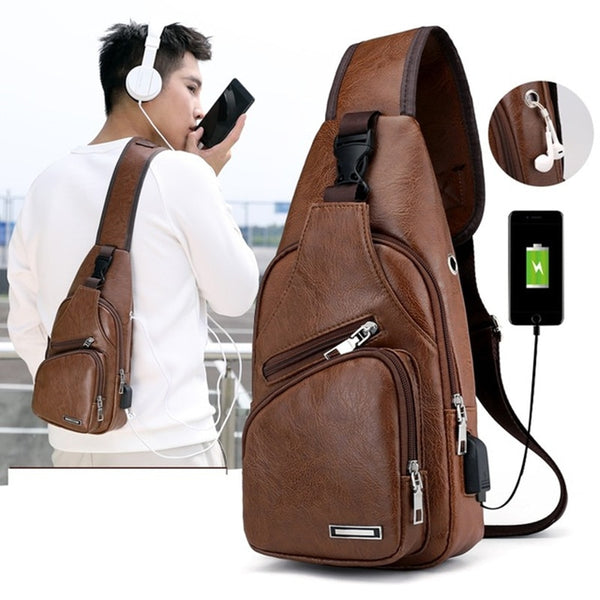 Mens leather crossbody bag with usb portl - kdb solution